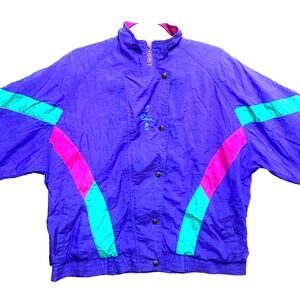 VINTAGE Puma Jacket Womens Medium Purple Track Color Block Button Zip